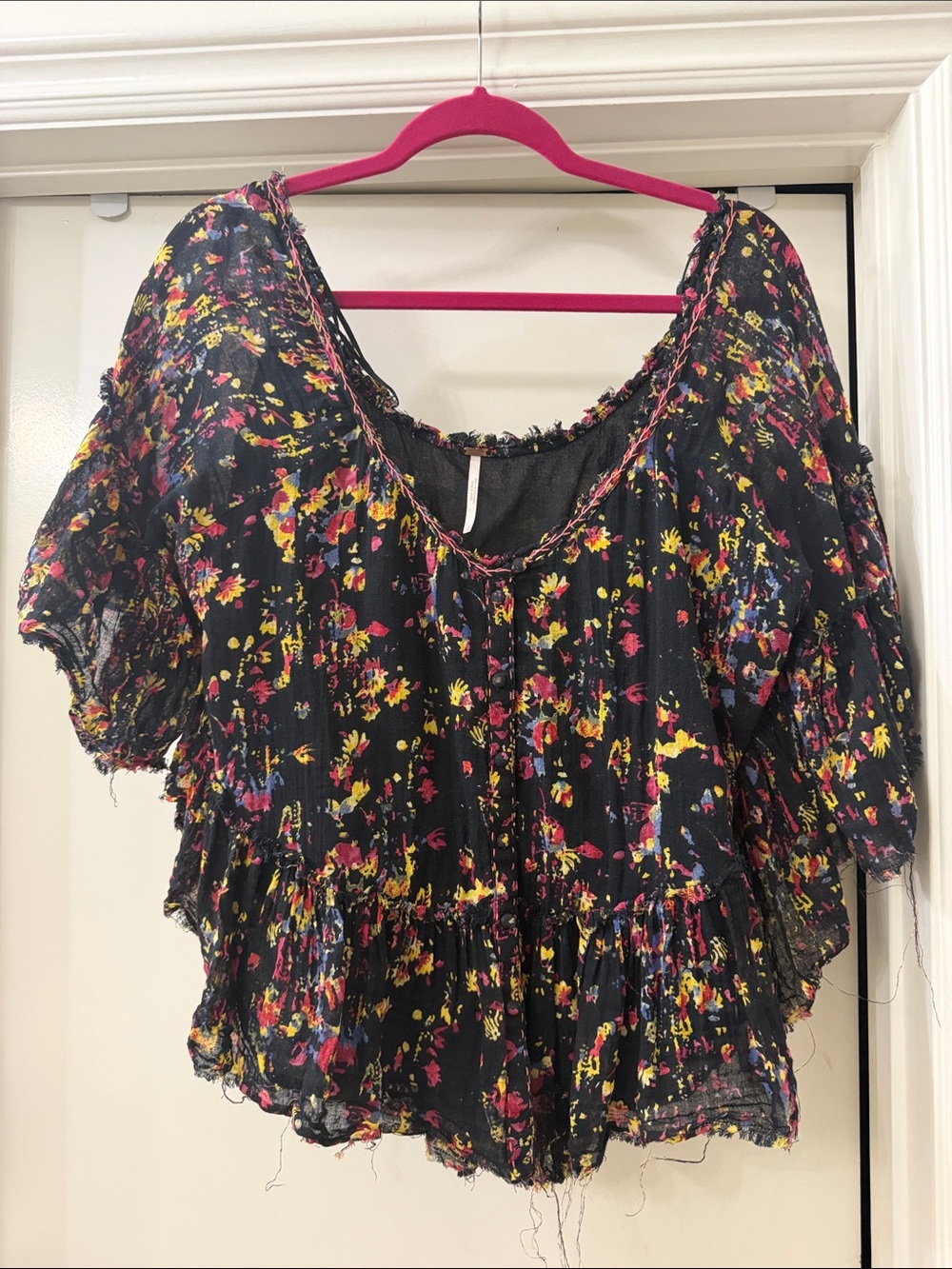 Free People Black Floral Flutter-Sleeve Peasant Top with Pink & Yellow Accents